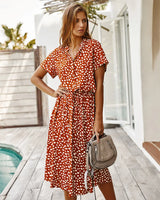 Vintage Floral Print Dress Women Boho Short Sleeve Long Dress Turn Down Collar Casual Waistband Shirt Dresses Robe 2021 Summer