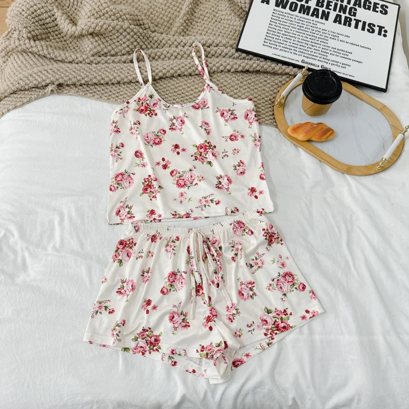 Women Sexy Pajama Ladies Satin Pajama Print Round Neck Ice Silk Top T-Shirt and Shorts Sets Breathable Comfortable Home Wear New