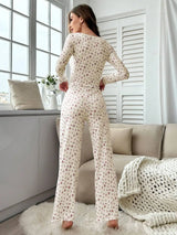 Sleepwear Women Floral Print Lettuce Trim Top with Long Pant Lovely Loungewear Full Sleeve Nightwear Spring Autumn Pajamas Set