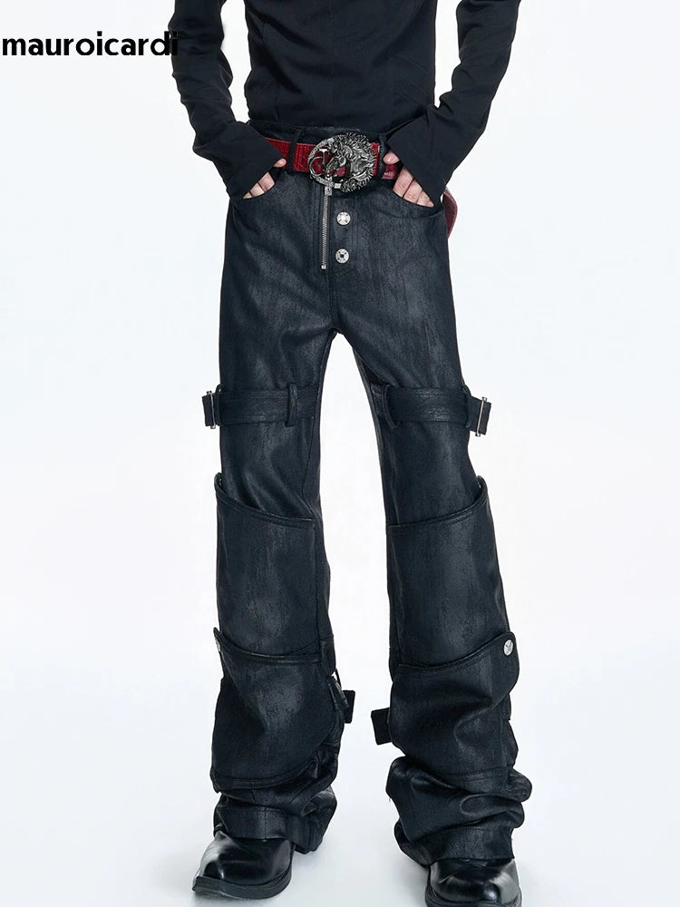 Mauroicardi Spring Long Black Distressed Waxed Cotton Denim Pants Man Metal Buckle Strap Streetwear Jeans Fashion Man Clothing
