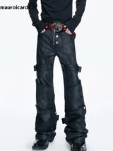 Mauroicardi Spring Long Black Distressed Waxed Cotton Denim Pants Man Metal Buckle Strap Streetwear Jeans Fashion Man Clothing