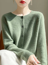 Women 100% Merino Wool Cardigan Soft O-Neck Cashmere Sweater OL Buttoned Knitwear Casual Top Clothing Korean Style