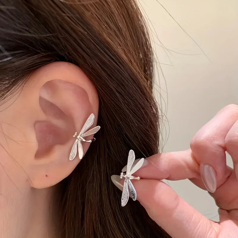 Statement Silver Color Dragonfly Clip Earrings No Piercing Ear Cuff Fairy Insect Ear Wrap Aesthetic Party Festival Accessories for Women