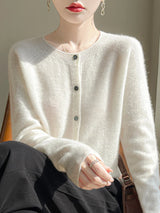 Women 100% Merino Wool Cardigan Soft O-Neck Cashmere Sweater OL Buttoned Knitwear Casual Top Clothing Korean Style