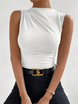 Fashion Casual Mock Neck Ruched Tank Top for Women Summer 2024 Solid Color Pleated Sleeveless Tee Shirt Tshirt Streetwear Y2K