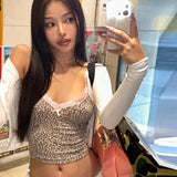 Hugcitar Leopard Print Slips Bows Patchwork Lace Sexy Slim Crop Camis Top Summer Fashion Women Y2K Outfits Festival Party