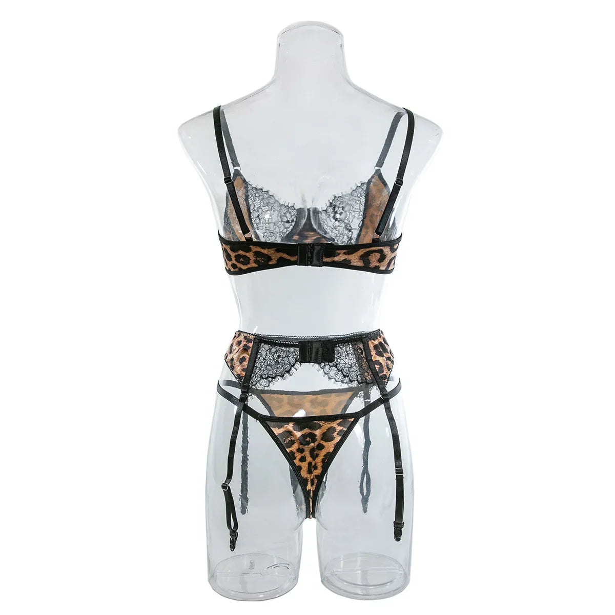 Sexy Wild Leopard Printed Lace Patchwork Lingerie Set Women Comfortable Three Piece Bra and Panty Set Female Exotic Apparel Suit