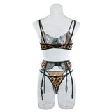 Sexy Wild Leopard Printed Lace Patchwork Lingerie Set Women Comfortable Three Piece Bra and Panty Set Female Exotic Apparel Suit
