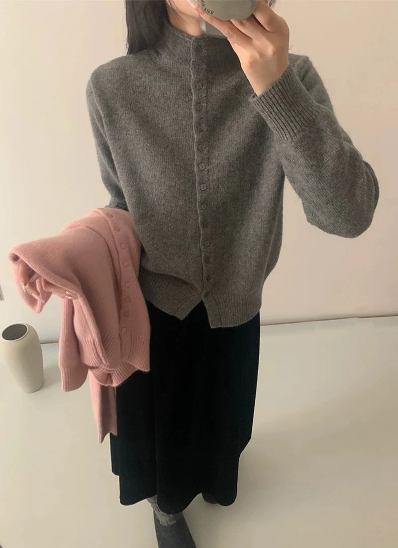 New Soft Comfortable Stand-Up Collar Sweater Cardigan Women Simple Single Breasted Cardigans Coat Autumn Solid Knitted Outerwear