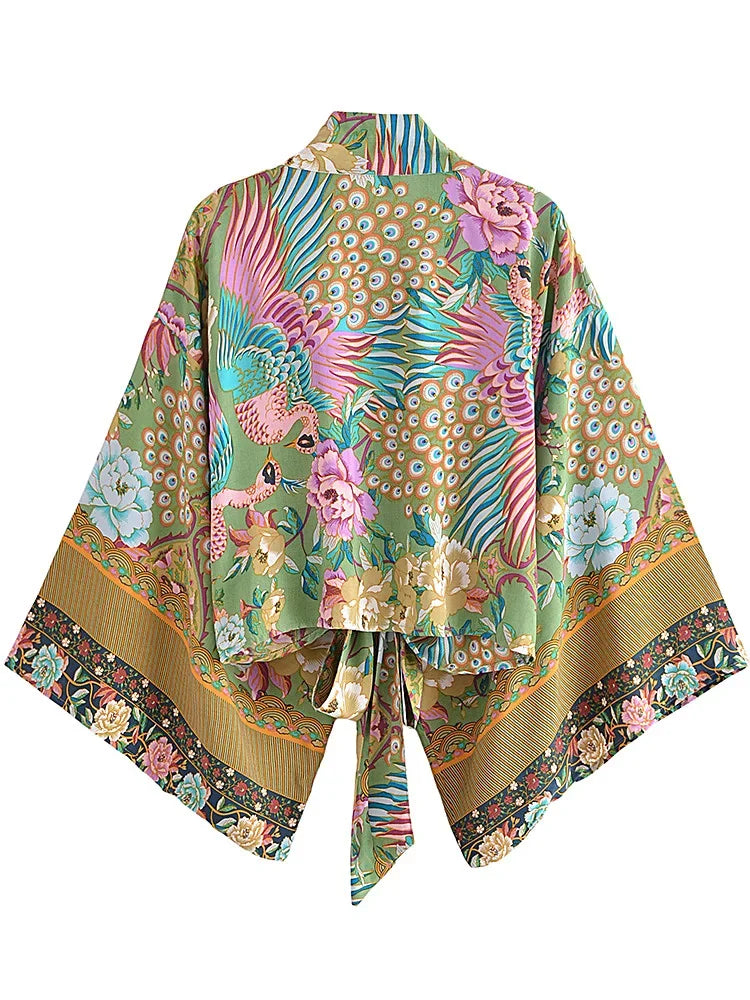 Boho Queens Peacock Short Robe Kimono Swimsuits Women Fashion Floral Batwing Sleeves Rayon Bohemian Bikini Cover Ups Beachwear