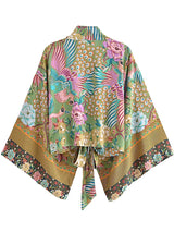 Boho Queens Peacock Short Robe Kimono Swimsuits Women Fashion Floral Batwing Sleeves Rayon Bohemian Bikini Cover Ups Beachwear