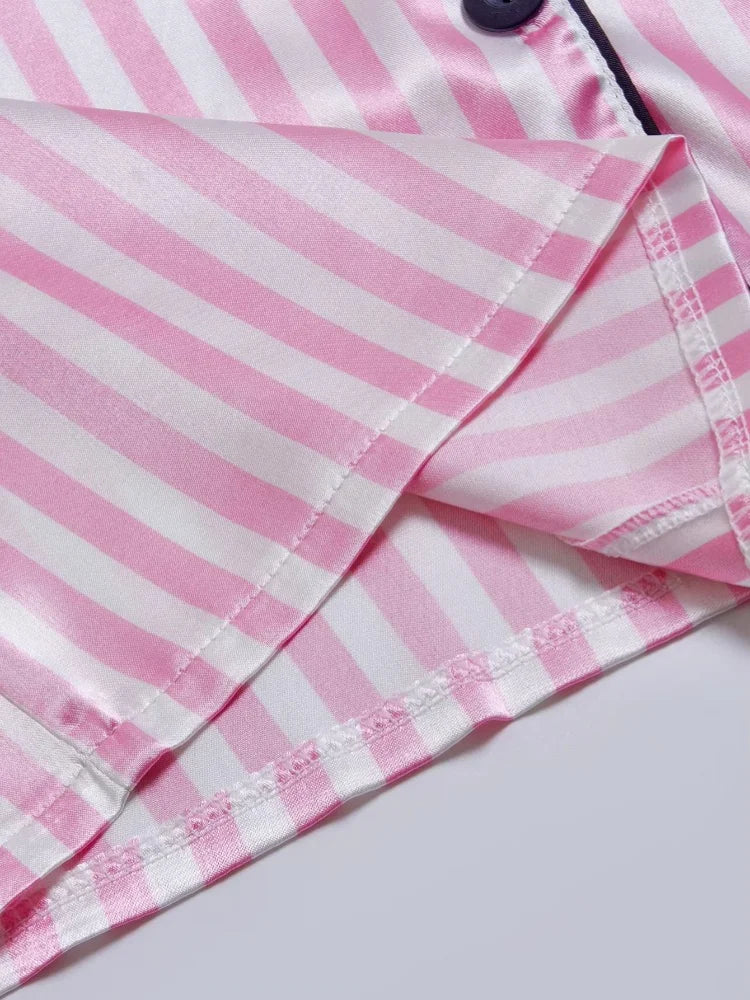 Striped Embroidered Letter Pocket Short Sleeve And Shorts Pajama Set Casual Satin Sleepwear Lapel Collar Classic Print