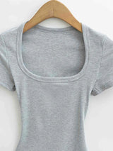 Summer square neck high elasticity crop top women's short sleeved sexy top slim fit pullover base shirt