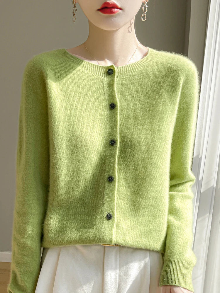 Women 100% Merino Wool Cardigan Soft O-Neck Cashmere Sweater OL Buttoned Knitwear Casual Top Clothing Korean Style