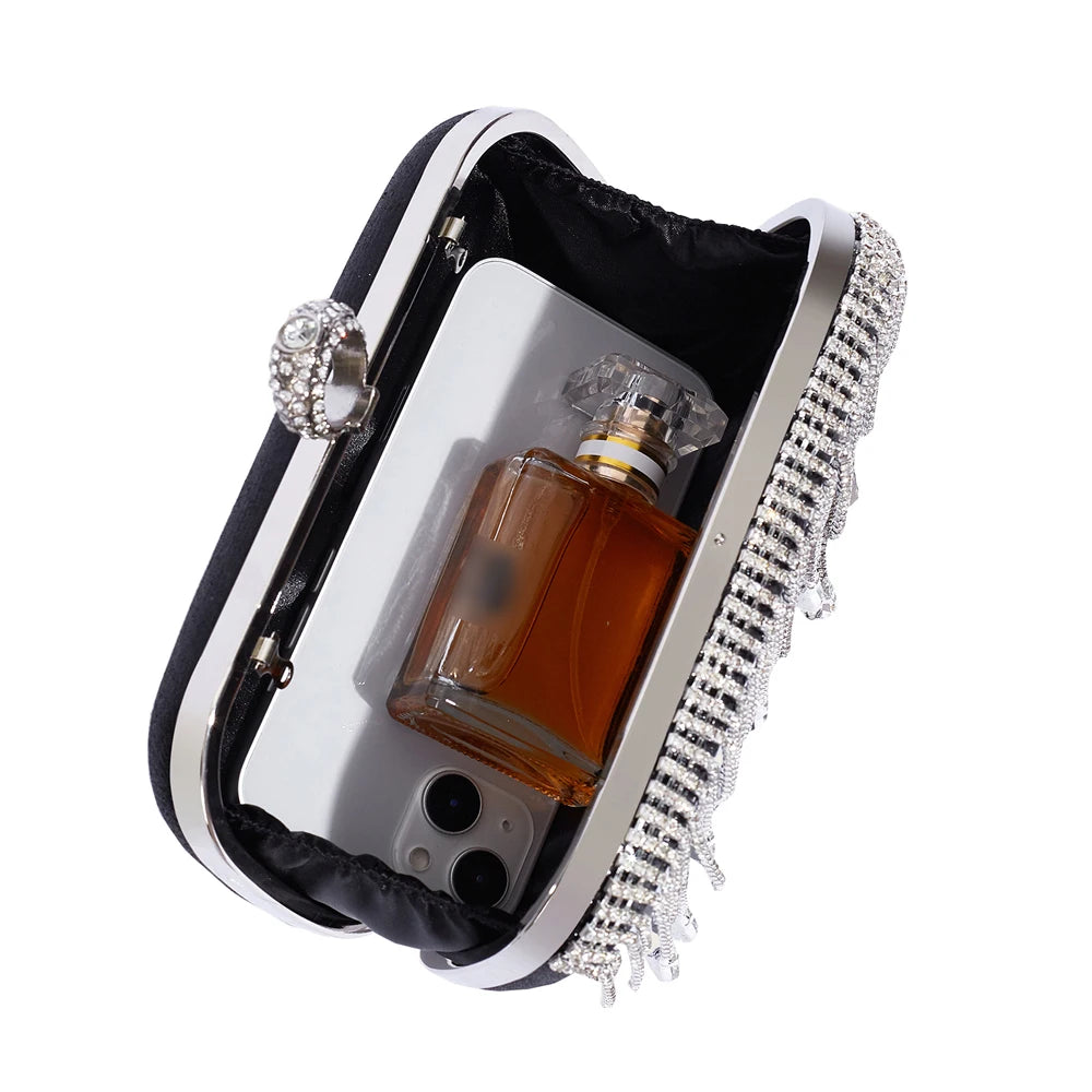 @Luxury Evening Clutch Bag Wedding Rhinestone Tassel Handbag Silver Purse Party Shoulder Bag for Women Fashion Black Bag