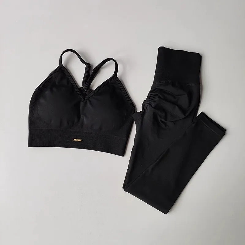Seamless Yoga Set Women High Waist Scrunch Leggings V Neck Sports Bra 2 Piece Workout Fitness Clothing Quick Dry Gym Suit