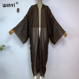 WINYI 2023 Women Bohemian Gold Thread Monochrome Elegant Casual Dress African Cardigans Outerwear For Women Summer Sexy Kimono