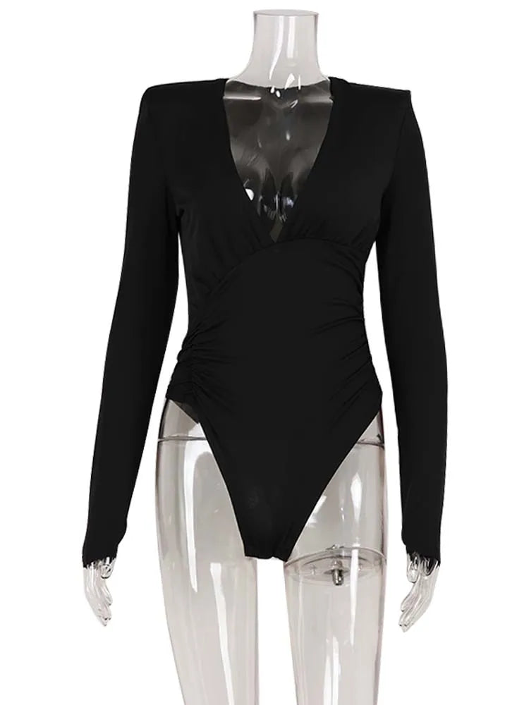 Ahagaga Fashion Women's Bodysuits Solid Regular Long Sleeves Deep V-Neck Basic Tops Skinny Streetwear Slim Fit Female T Shirts