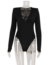 Ahagaga Fashion Women's Bodysuits Solid Regular Long Sleeves Deep V-Neck Basic Tops Skinny Streetwear Slim Fit Female T Shirts
