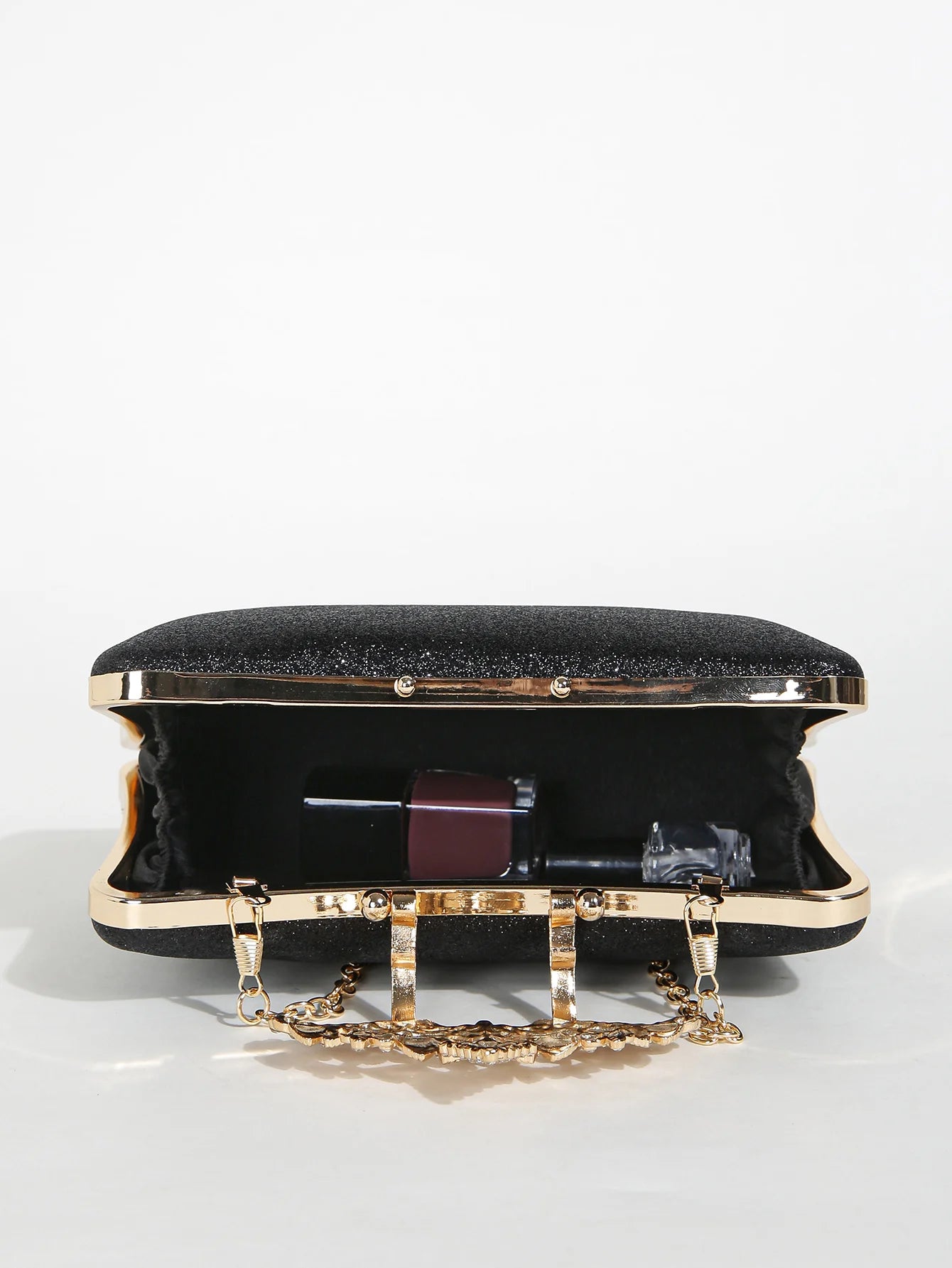1PC Gold Glitter Clutch Box with Rhinestone Decor Cut-out Flower Flap Lock Closure Elegant Textured Frame Purse for Dinner