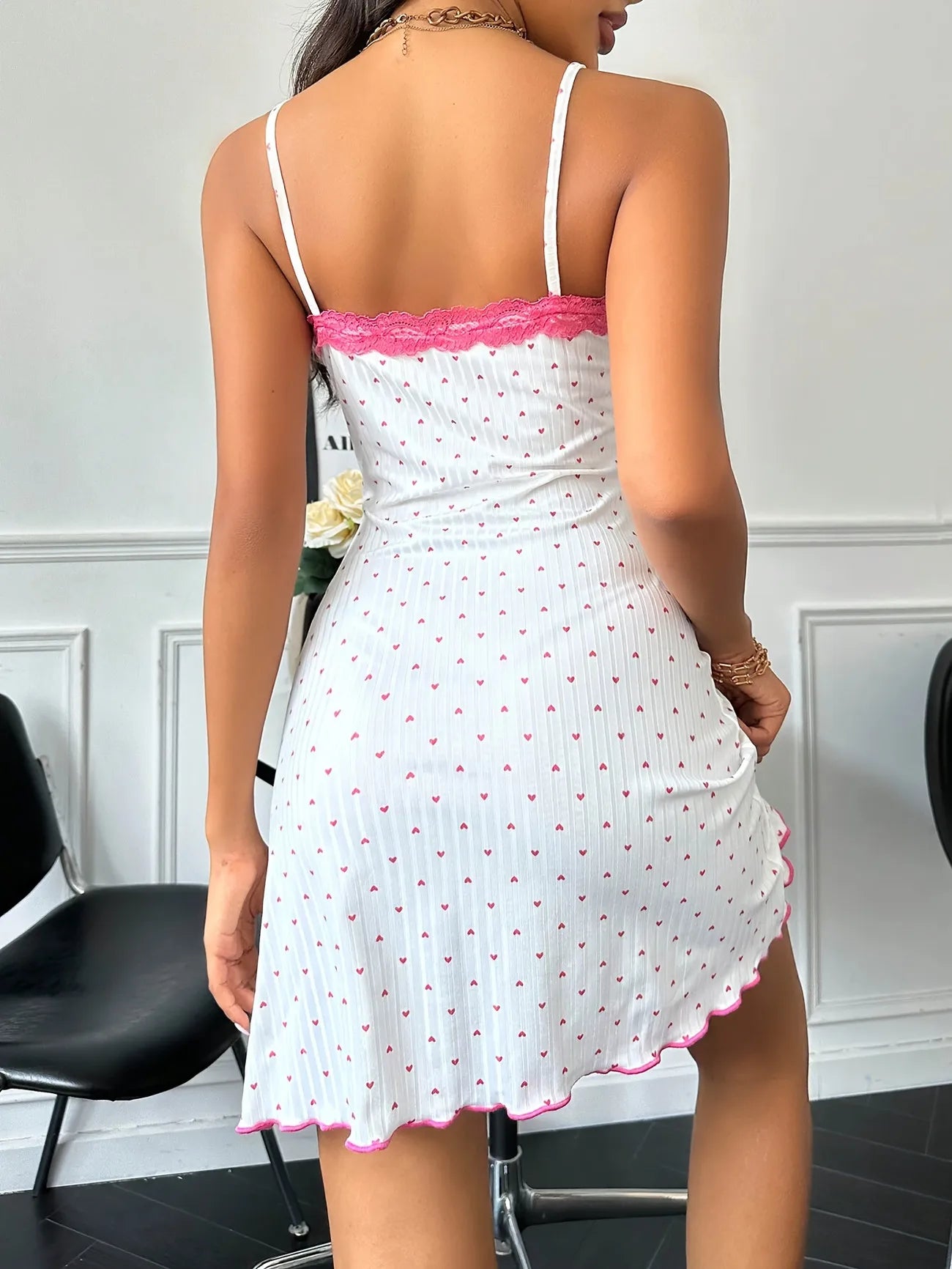Women Heart Print Nightgown Lace Trim Cami Sleep Dress Sleeveless V Neck Ribbed Slim Fit Sexy Summer Pajamas