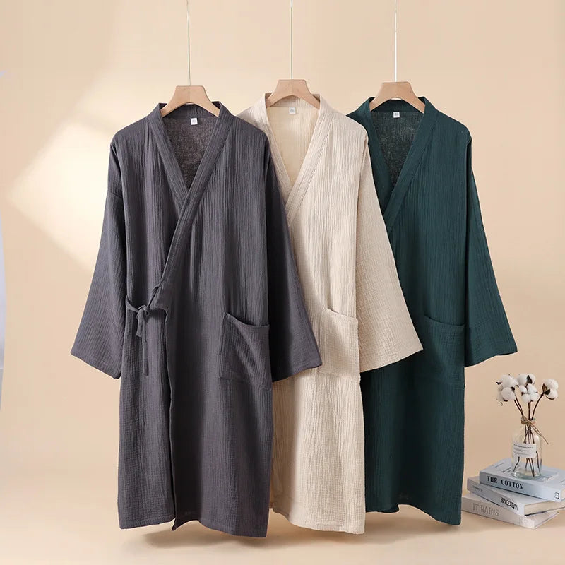 Kimono Robes for Men's and Women's Sleepwear Cotton Yarn Bathrobe Tied Cardigan Thin Home Clothes Couple's Robes