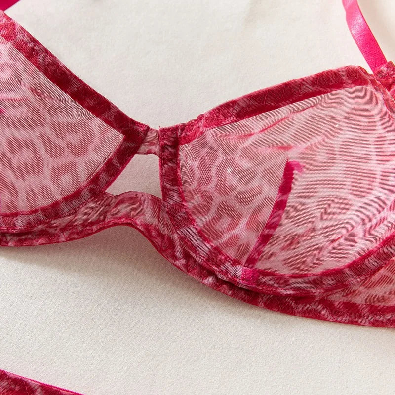 Toucheart 2-Piece Sexy Leopard Print Lingerie Set Bra Women Hollow Sexy Lingerie Thin Mesh Patchwork Print See-Through Sexy Set