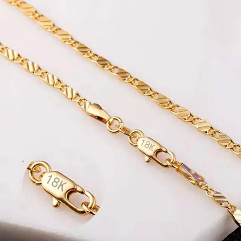 Fashion 18K Gold Necklace 2MM 16/18/20/22/24/26/28/30 Inch Side Chain Necklace For Women Men Jewelry 925 Silver Necklace