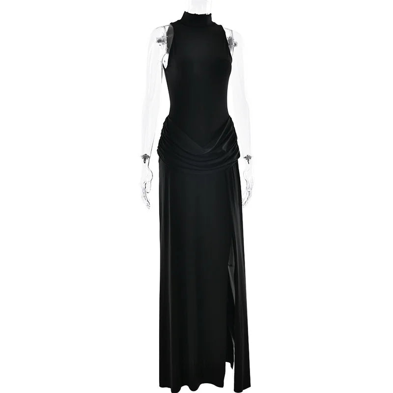 Blifanbo Turtleneck Off-shoulder Sleeveless Thigh Split High Waist Pleated Maxi Dress For Women Elegant Fashion Club Party Dress