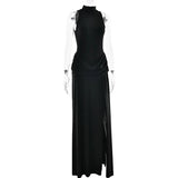 Blifanbo Turtleneck Off-shoulder Sleeveless Thigh Split High Waist Pleated Maxi Dress For Women Elegant Fashion Club Party Dress
