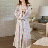 CHUANGERM Women Sweet Plaid Long Sleeve V Neck Lace Up Loose Medium Long Robe Comfortable Sexy Home Wear Loungewear