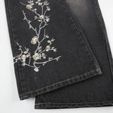 Weekeep Floral Embroidery Jeans Vintage 2000s Low Rise Flared Jeans Women Retro y2k Baggy Denim Pants High Street Basic Trousers