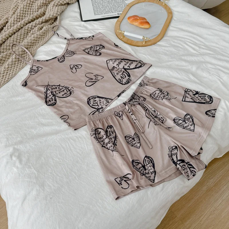 Women Sexy Pajama Ladies Satin Pajama Print Round Neck Ice Silk Top T-Shirt and Shorts Sets Breathable Comfortable Home Wear New