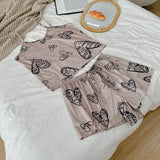 Women Sexy Pajama Ladies Satin Pajama Print Round Neck Ice Silk Top T-Shirt and Shorts Sets Breathable Comfortable Home Wear New