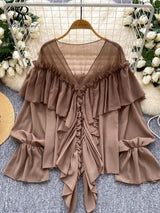 SINGREINY Chic Ruffles Splice Chiffon Blouse V Neck Flared Sleeve Loose Tops 2025 Fashion Solid Fairycore Vacation Women Shirt