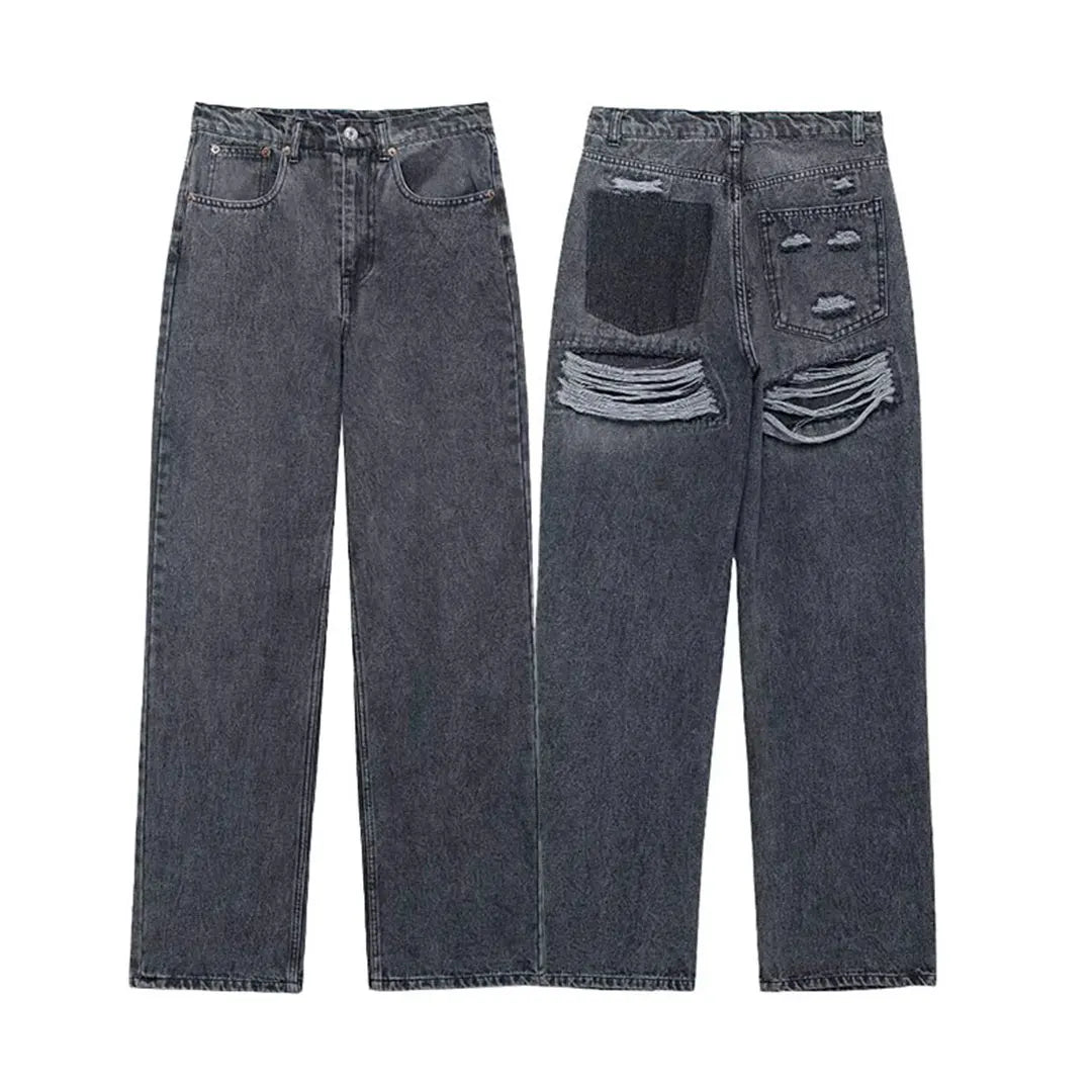 HH 2024 Women's Street Fashion Denim Blue Jeans Distressed Patchwork High Waist Zipper Fly Ripped Retro Long Pants