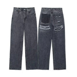 HH 2024 Women's Street Fashion Denim Blue Jeans Distressed Patchwork High Waist Zipper Fly Ripped Retro Long Pants