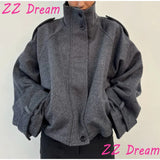 Fashion Short Woolen Coat For Women Stand Collar Full Sleeve Loose Zipper Jacket Female 2025 Spring Autumn Solid Lady Outwear