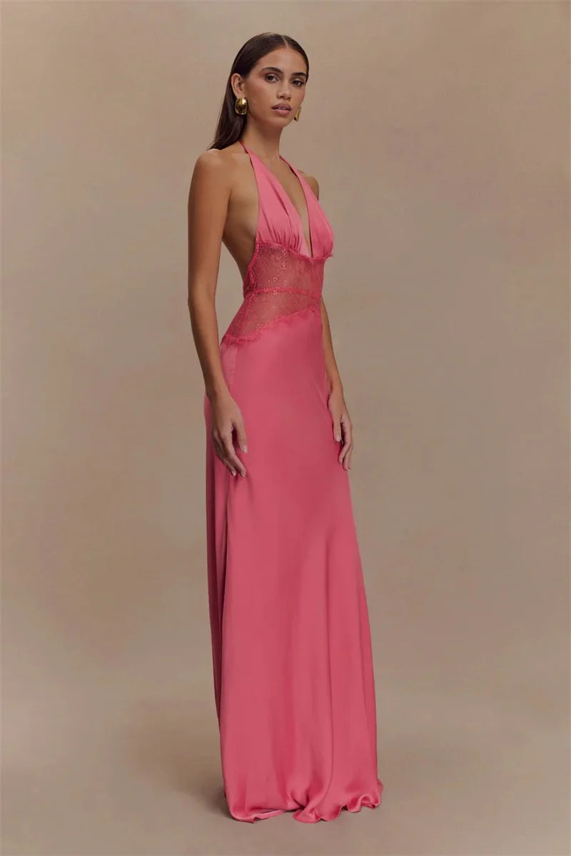 Mozision Summer Backless Sexy Maxi Dress Women Gown Patchwork Lace Halter Deep V Neck Sleeveless High Waist Elegant Long Dress