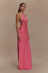 Mozision Summer Backless Sexy Maxi Dress Women Gown Patchwork Lace Halter Deep V Neck Sleeveless High Waist Elegant Long Dress