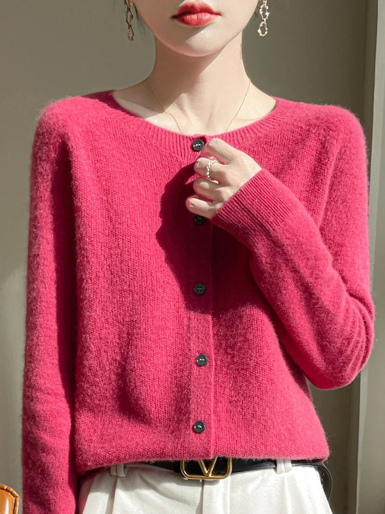 Women 100% Merino Wool Cardigan Soft O-Neck Cashmere Sweater OL Buttoned Knitwear Casual Top Clothing Korean Style