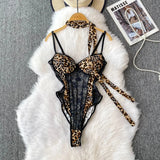 Women Hotsweet V-neck leopard slim  Vintage Straps Bodysuits Chic lace Jumpsuits Slim Top Clothing