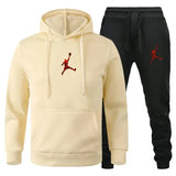 A 2-piece men's outdoor fitness sportswear set featuring a hooded long-sleeved sweatshirt, pullover and casual pants for autumn
