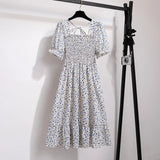 Spring Summer Chiffon Dresses Fashion Female Elastic Waist Short Sleeve Pleated Casual Dress Women A-line Dresses Vestidos