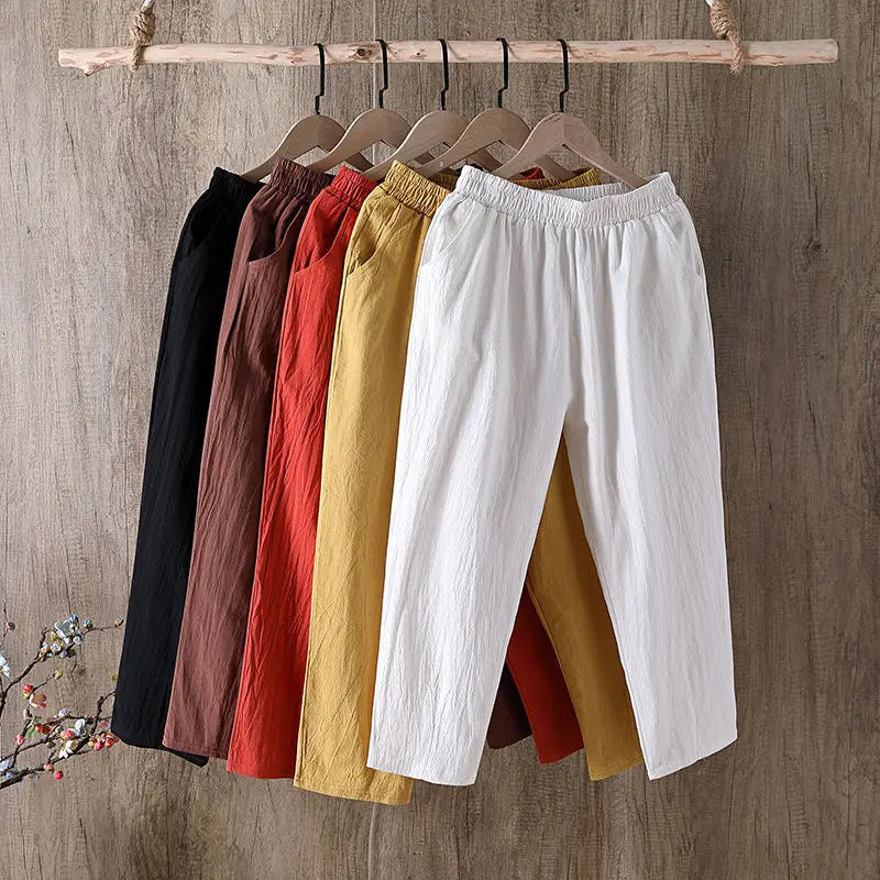 Women Summer Casual Loose Harem Elastic Waist Cotton Linen Pants Ninth Trousers