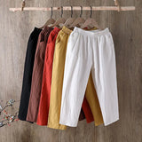Women Summer Casual Loose Harem Elastic Waist Cotton Linen Pants Ninth Trousers
