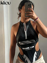 kliou Summer Women Mini Moto & Biker Milk Silk Bodysuit K24K45261 Girl Halter Backless Lace Up Tops Cool All-Match One Piece