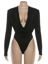 Weird Puss Deep v Swing Collar Bodysuits Woman Elegant Ruched Full Sleeve Skinny Stretch Basic Wild Spring Fashion Body Tops