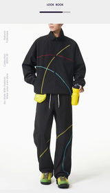 Unisex 2‑Pieces Tracksuit Set Color Contrast Stitching Stand Collar Zip‑Up Jacket Wide Leg Pants Windproof Outdoor Hiking Set