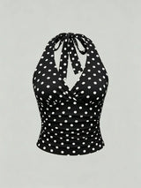 Solid V-neck Backless Halter Crop Top for Women Summer Sexy Y2K Sleeveless Ruched Top Streetwear